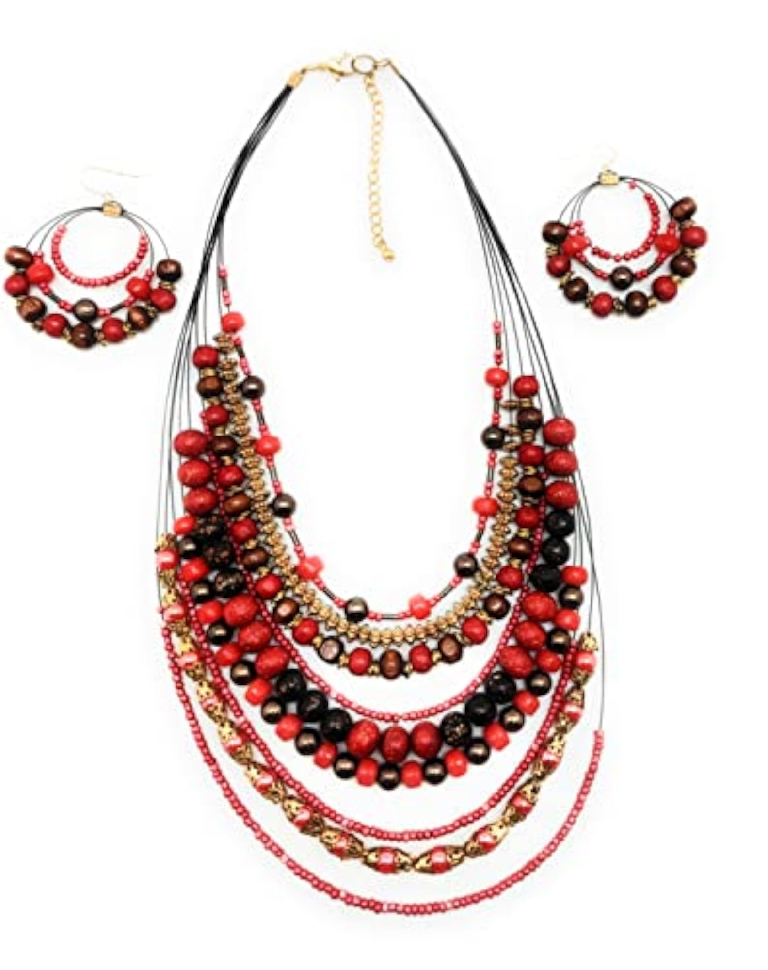 Women's Multicolor Wood Glass Necklace Set, Orange-Gold